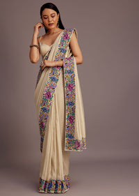 Cream Tussar Saree With Floral Embroidered Border