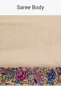 Cream Tussar Saree With Floral Embroidered Border