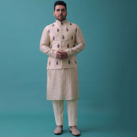 Cream White Art Silk Jacket Kurta Set With Threadwork