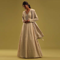 Cream White Anarkali Set In Georgette With Lucknowi Work