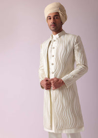 Cream White Embroidered Indowestern In Dupion Silk