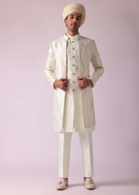 Cream White Embroidered Indowestern In Dupion Silk