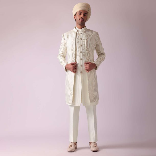 Cream White Embroidered Indowestern In Dupion Silk