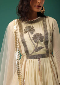 Cream White Embroidered Lehenga Set With Peplum Top In Georgette