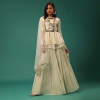 Cream White Embroidered Lehenga Set With Peplum Top In Georgette