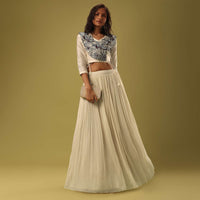 Cream White Georgette Skirt & Blouse Set With Resham Embroidery