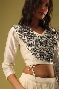 Cream White Georgette Skirt & Blouse Set With Resham Embroidery