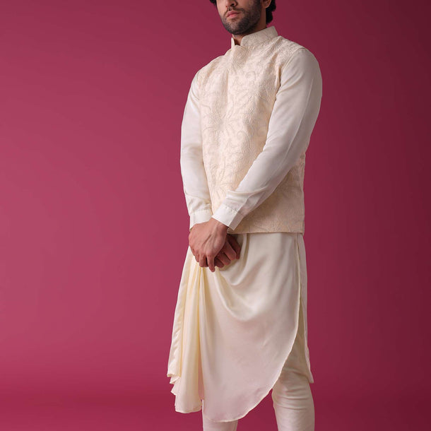 Cream White Jacket Kurta Set In Tussar Silk With Embroidery