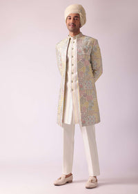 Cream White Printed Indowestern In Dupion Silk