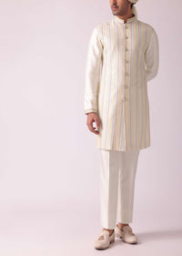 Cream White Printed Indowestern In Dupion Silk