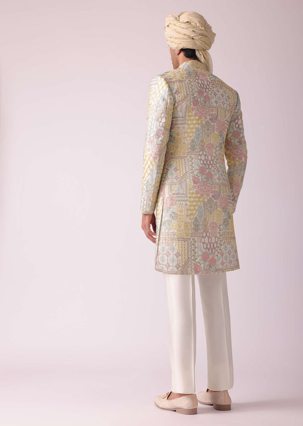 Cream White Printed Indowestern In Dupion Silk