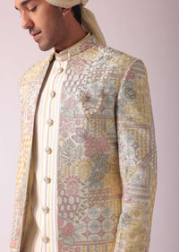 Cream White Printed Indowestern In Dupion Silk