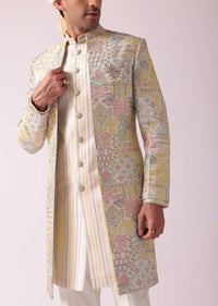 Cream White Printed Indowestern In Dupion Silk