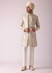 Cream White Printed Indowestern In Dupion Silk