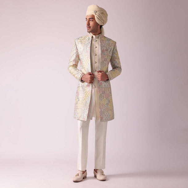 Cream White Printed Indowestern In Dupion Silk