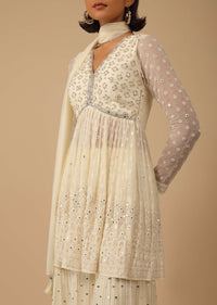 Cream White Sharara Suit Set In Georgette With Lucknowi Embroidery