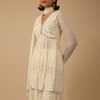 Cream White Sharara Suit Set In Georgette With Lucknowi Embroidery