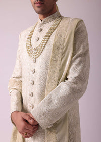 Cream White Silk Sherwani With Intricate Embroidery