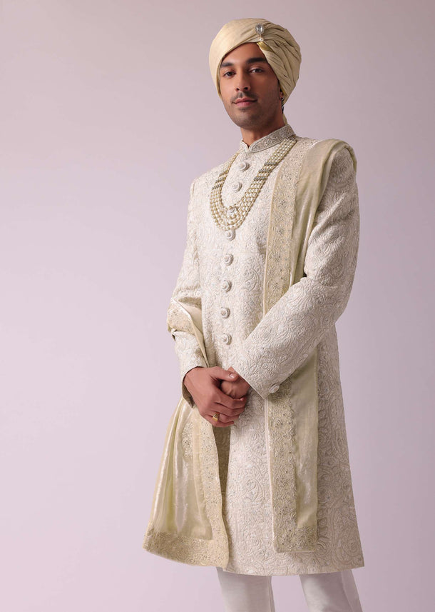 Cream White Silk Sherwani With Intricate Embroidery