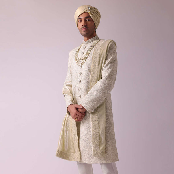 Cream White Silk Sherwani With Intricate Embroidery