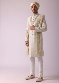 Cream White Silk Sherwani With Intricate Embroidery