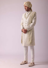 Cream White Silk Sherwani With Intricate Embroidery