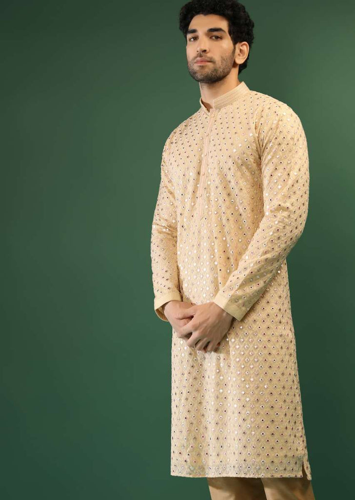 Cream Yellow Kurta Set In Georgette With Multi Colored Gotta Abla And Resham Embroidered Moroccan Jaal Design Online - Kalki Fashion