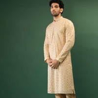 Cream Yellow Kurta Set In Georgette With Multi Colored Gotta Abla And Resham Embroidered Moroccan Jaal Design Online - Kalki Fashion