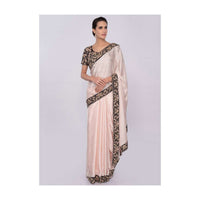 Creamish peach satin silk saree with dark navy blue velvet blouse only on Kalki