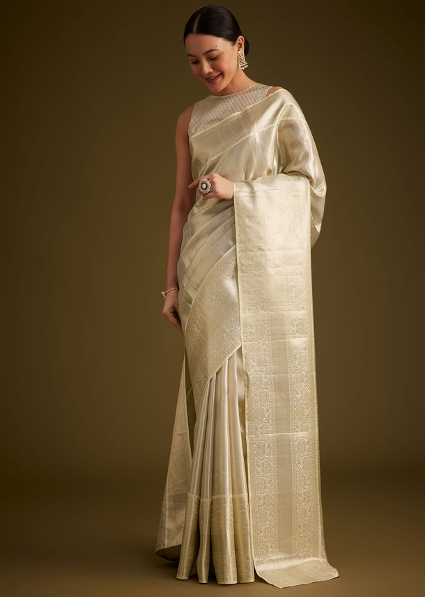 Creamish Silver Kanjivaram Silk Saree