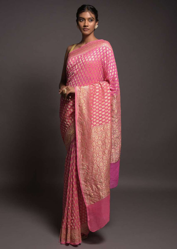 Creamy Pink And Nora Pink Ombre Banarasi Saree In Georgette With Weaved Buttis Online - Kalki Fashion