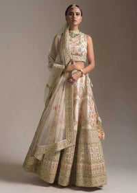 Creamy Pink Lehenga Choli In Raw Silk With Pink Resham And Zardosi Embroidered Floral Kalis Online - Kalki Fashion