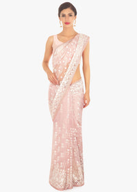 Crepe pink organza saree in white thread embroidered butti and border