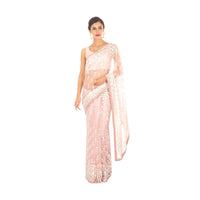 Crepe pink organza saree in white thread embroidered butti and border