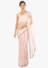 Crepe pink organza saree in white thread embroidered butti and border