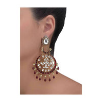 Crescent Shaped Gold Plated Earrings With Kundan, Stones, Pearls And Red Mina Work Online - Kalki Fashion