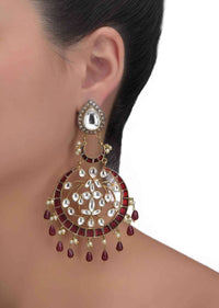 Crescent Shaped Gold Plated Earrings With Kundan, Stones, Pearls And Red Mina Work Online - Kalki Fashion