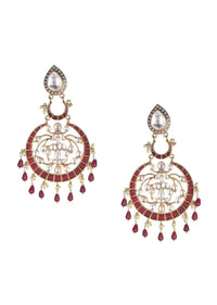 Crescent Shaped Gold Plated Earrings With Kundan, Stones, Pearls And Red Mina Work Online - Kalki Fashion