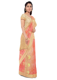 Crimson pink banarasi saree with beige weaved pallu only on Kalki