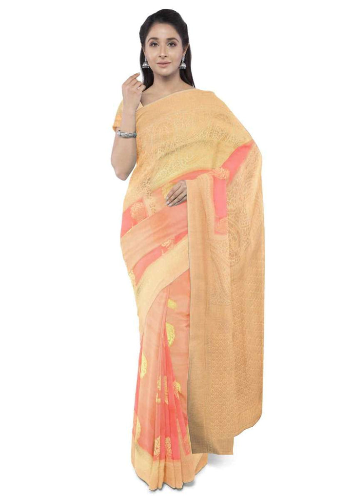 Crimson pink banarasi saree with beige weaved pallu only on Kalki