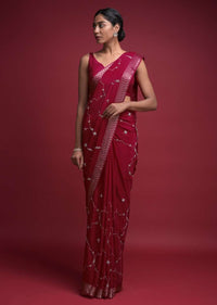 Crimson Red Saree In Chiffon Blend With Cut Dana And Kundan Embellished Moroccan Pattern Online - Kalki Fashion