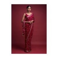 Crimson Red Saree In Chiffon Blend With Cut Dana And Kundan Embellished Moroccan Pattern Online - Kalki Fashion