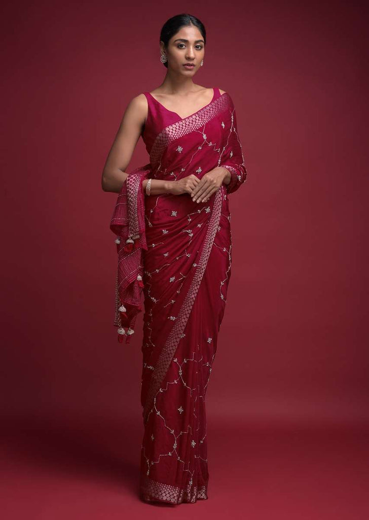 Crimson Red Saree In Chiffon Blend With Cut Dana And Kundan Embellished Moroccan Pattern Online - Kalki Fashion