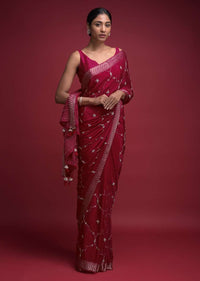 Crimson Red Saree In Chiffon Blend With Cut Dana And Kundan Embellished Moroccan Pattern Online - Kalki Fashion