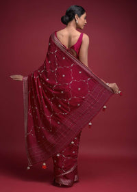 Crimson Red Saree In Chiffon Blend With Cut Dana And Kundan Embellished Moroccan Pattern Online - Kalki Fashion