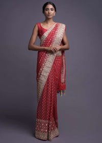 Crimson Red Saree In Georgette With Weaved Buttis And Gotta Work Online - Kalki Fashion