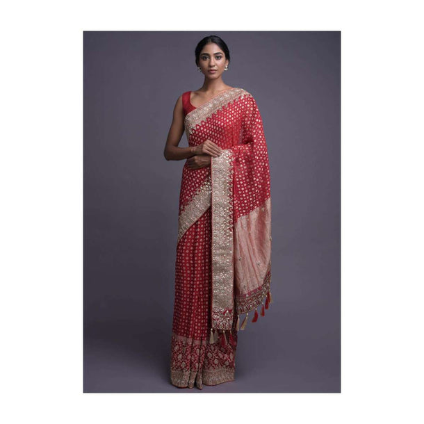 Crimson Red Saree In Georgette With Weaved Buttis And Gotta Work Online - Kalki Fashion