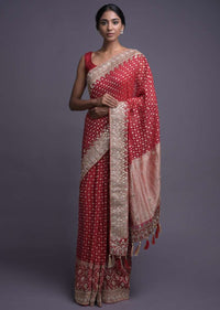 Crimson Red Saree In Georgette With Weaved Buttis And Gotta Work Online - Kalki Fashion