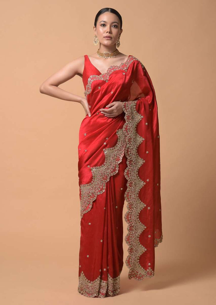 Crimson Red Saree In Dupion Silk With Heavy Zari Embroidered Scalloped Border And Floral Buttis Online - Kalki Fashion