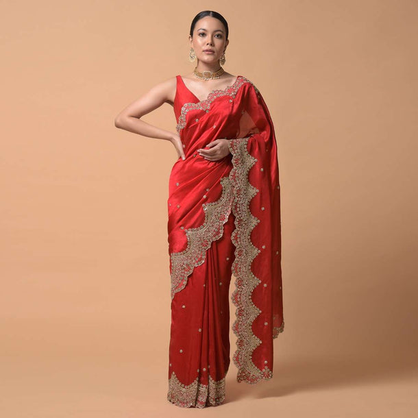 Crimson Red Saree In Dupion Silk With Heavy Zari Embroidered Scalloped Border And Floral Buttis Online - Kalki Fashion